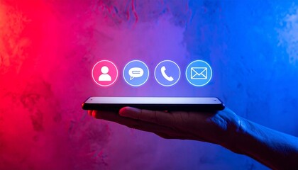 Hand holding smartphone with glowing contact icons on red-blue background