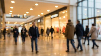 Fototapeta premium Blurred view of people walking in a modern shopping mall abstract background of shoppers and stores in a large retail center, perfect for concepts of consumerism, urban life, and commerce