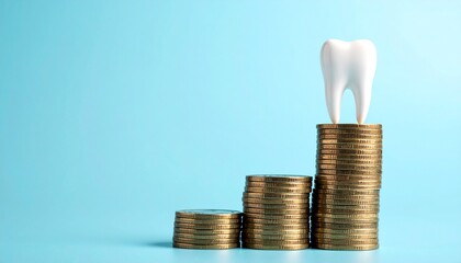 Tooth model on tallest gold coin stack against blue background