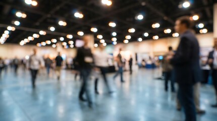 Blurred abstract background of a large group of people walking and networking at a business conference, exhibition, or trade show event in a modern convention hall