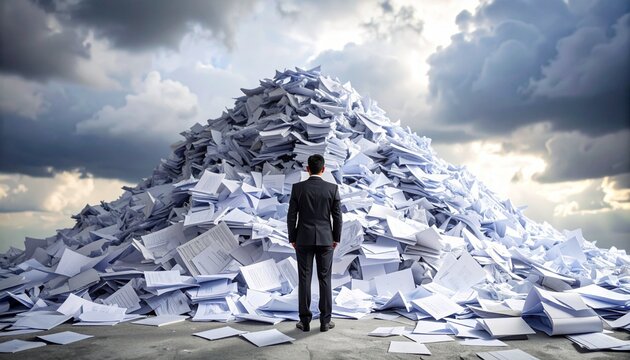 Person in suit facing mountain of papers under cloudy sky