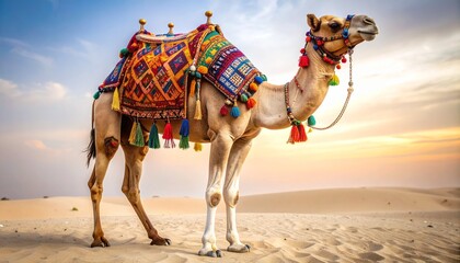 Decorated camel on sandy terrain near white building and sparse greenery