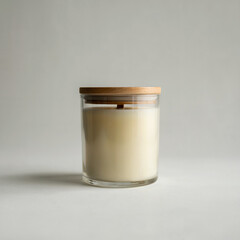 Glass candle jar mockup with matte finish and wooden lid on neutral gray background