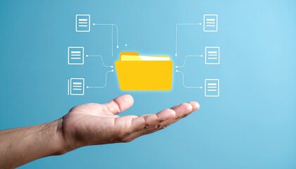 Hand presenting digital folder with connected documents on blue