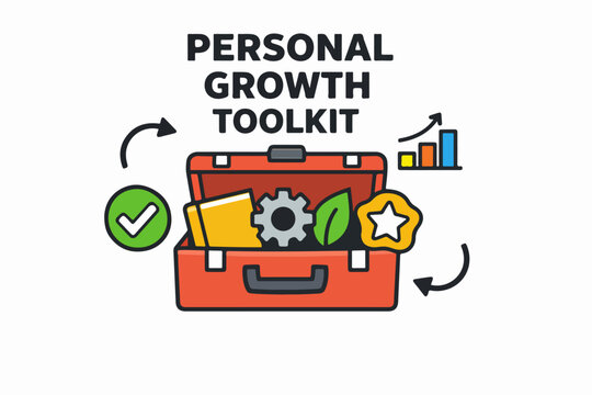 Personal growth toolkit toolbox with skills and progress symbols flat vector illustration