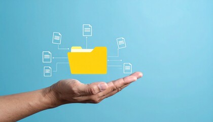 Hand presenting digital folder with connected documents on blue