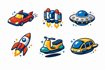 Future transport icons set with flying car, rocket, ufo and scooter