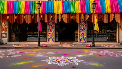 Naklejka premium Vibrant holi celebration with colorful decorations and rangoli designs