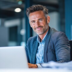 Confident Businessman Working on Laptop