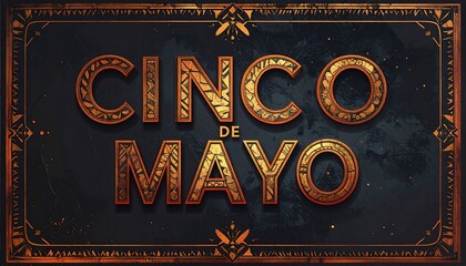 Ornate Cinco de Mayo text with golden mosaic lettering and a decorative frame on a dark, textured background.