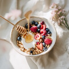 Healthy Breakfast Bowl Pouring Honey