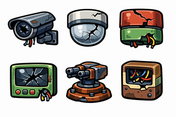 Naklejka premium Security system devices set with CCTV camera, dome camera, alarm siren, monitor and turret