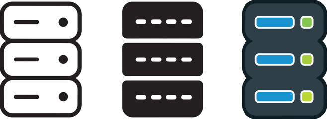 Three stylized server icons in outline solid and colorful versions on checkered background