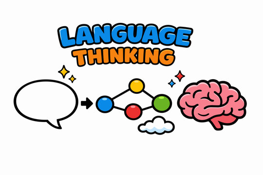 anguage thinking typography with speech bubble, concept map nodes and brain