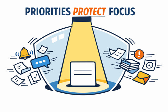 Priorities protect focus concept with spotlight shield and productivity distractions