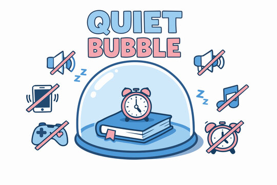 Quiet bubble typography with book and alarm under dome, distractions off focus concept