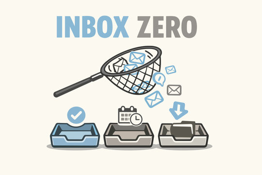 Inbox zero concept with email catch net, sorting trays and checkmark