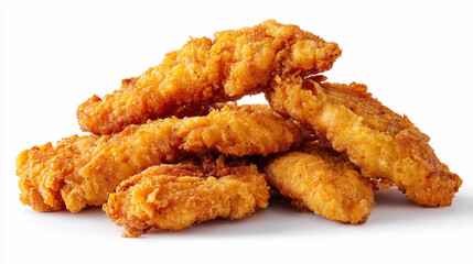 Crispy fried chicken tenders served in a stack on a white plate