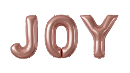 Rose gold JOY foil balloon letters isolated PNG on transparent background, festive party decoration for celebration and holiday