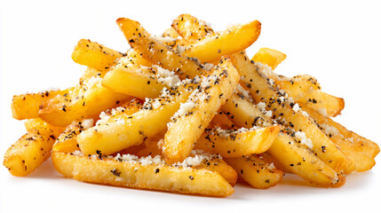 Crispy fries with cheese and black pepper on a white background