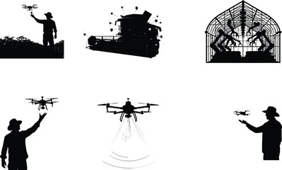 Silhouette illustrations of people operating drones in various scenes