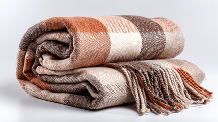 Cozy blanket in warm colors on a simple background