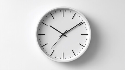 Simple clock with black hands showing time on a white wall