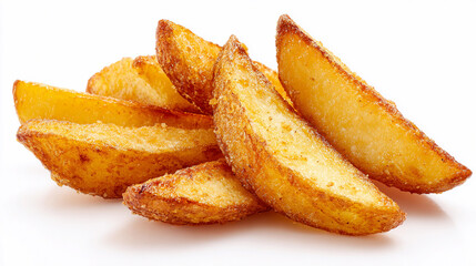 Crispy potato wedges served on a white plate during lunch time