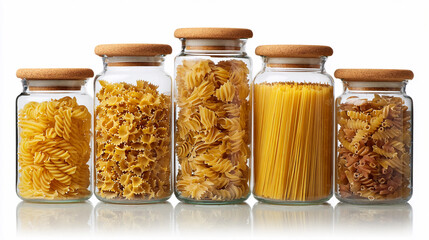 Different types of pasta in glass jars arranged on a table