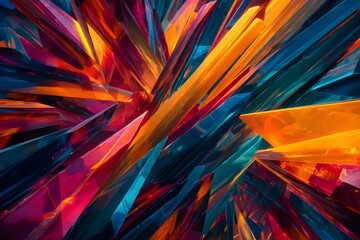 A vibrant abstract artwork featuring colorful crystal-like structures radiating from the center