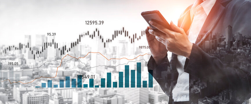 A business professional focused on smartphone analysis while surrounded by city skyscrapers. Financial graphs and charts illustrate market trends and investment insights. Scalp - Powered by Adobe