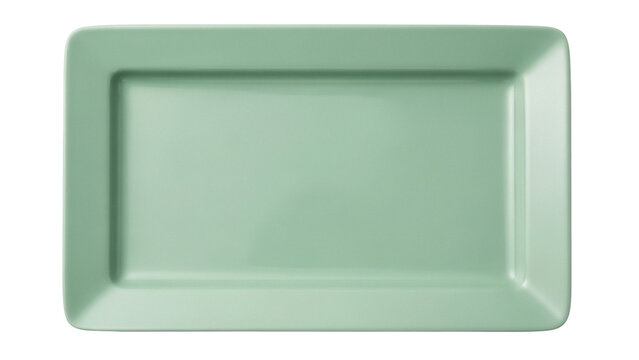 Rectangular light green ceramic tray isolated PNG, minimalist serving dish for appetizers or desserts on transparent background