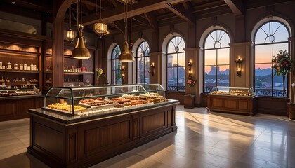 Upscale interior of a bakery, displaying pastries and confectioneries with a city view