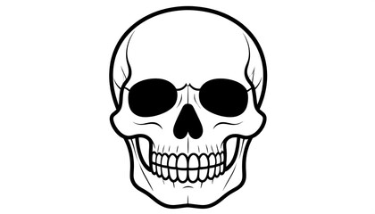 Black and white illustration of a human skull against a white background, viewed head-on