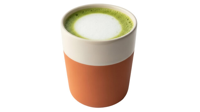 Matcha latte in a two-tone cup isolated PNG, creamy green tea beverage on transparent background, healthy drink for cafe menu