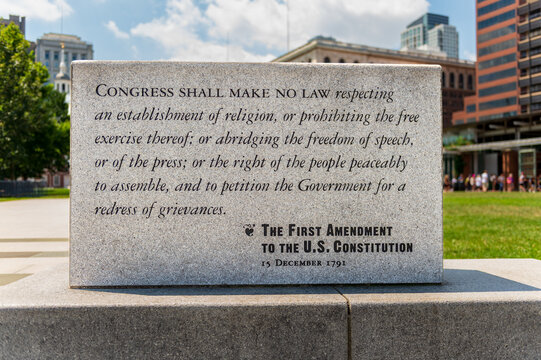 Philadelphia, Pennsylvania, USA - July 23rd 2016 - Photo showing the engraving of the first amendment at independence hall