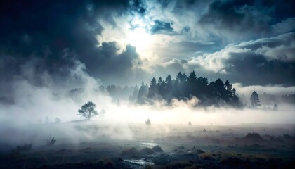 Foggy forest landscape at sunrise with mysterious atmosphere