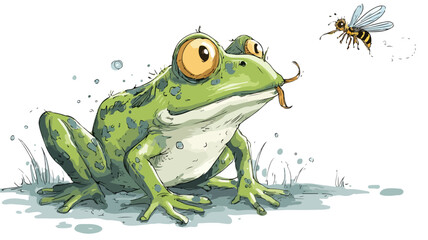 Cute Cartoon Frog Catching Mosquito with Tongue Vector Illustration
