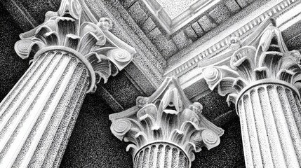 The image is a black and white drawing of three pillars, possibly from a building or monument. The pillars are tall and slender, with intricate designs on them. The drawing is in black and white