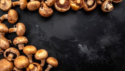 Fresh cremini mushrooms creating a decorative border on dark background