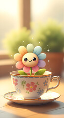 Fototapeta premium Cute smiling flower growing in a teacup illustration