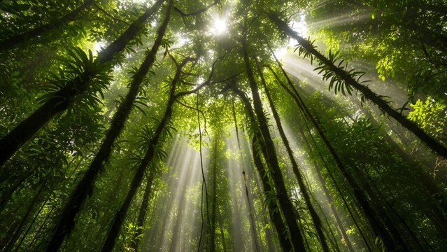Dense moist canopy of a tropical forest, view from below. Lush green foliage, hanging vines, the sun's rays barely breaking through thick layers of leaves.
