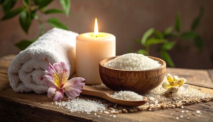Spa scene; rolled towel, lit candle, wooden bowl/spoon with salt, flower, and green foliage