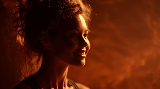Captivating portrait of a beautiful woman with curly hair, illuminated by a warm, atmospheric orange light, expressing subtle joy