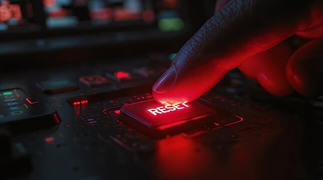 Human finger presses glowing red reset button on an intricate electronic system, symbolizing a crucial reboot mechanism and a fresh start