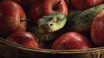 Ultra-realistic macro photograph, a venomous green pit viper hidden among a pile of fresh red apples in a rustic wooden basket. 