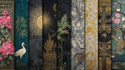 Eclectic Collage of Dark Luxury Vintage Patterns: Gold Botanical, Sunburst, Ornate Baroque, and Floral Wallpaper Textures.