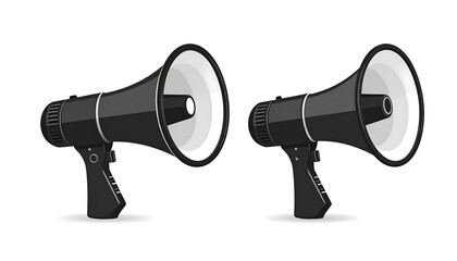 Two black hand-held megaphones with white interiors, isolated on a clean white background