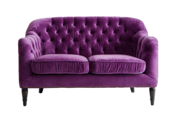 A plush velvet like purple loveseat with a tufted backrest, rounded armrests, short sturdy legs, soft upholstery folds, and a deep cushioned seat for a cozy elegant look isolated on transparent backgr
