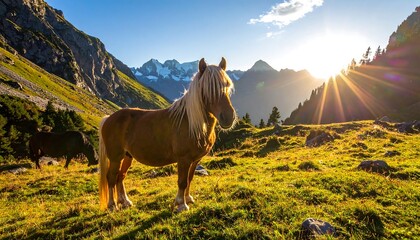 Two horses graze in a sunlit meadow, mountains in the backdrop at golden hour
